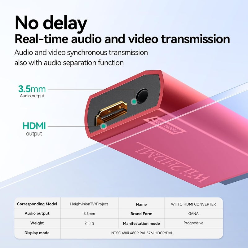 GANA Wii to HDMI Converter Adapter with Hdmi Cable Connect Wii Console to HDMI Display in 1080p Output Video with 3.5mm Audio Supports All Wii Display Modes Red - Image 2